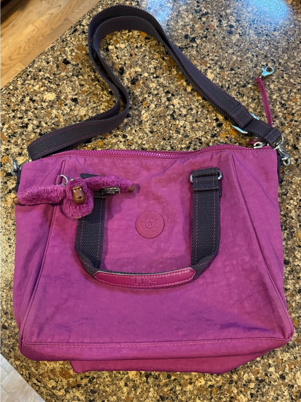 Kipling Magenta Shoulder Bag with Dark Plum Straps + Kipling Charm